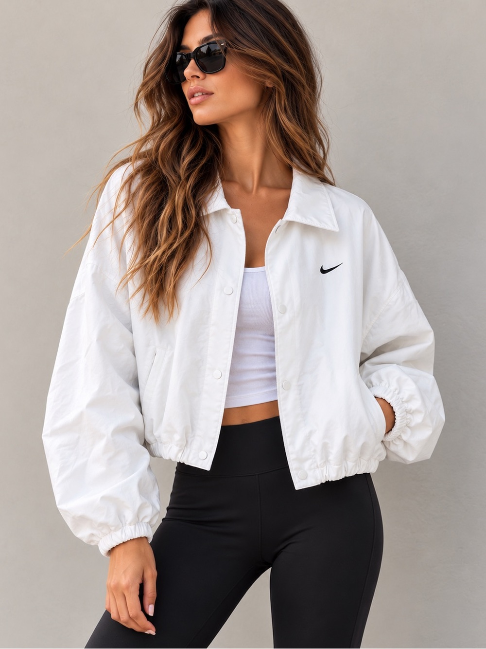 NIKE Women’s Cropped Oversized Swoosh Coach Jacket White NWT XL